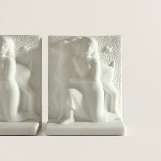 Vintage Art Deco Girl & Fawn Glass Bookends