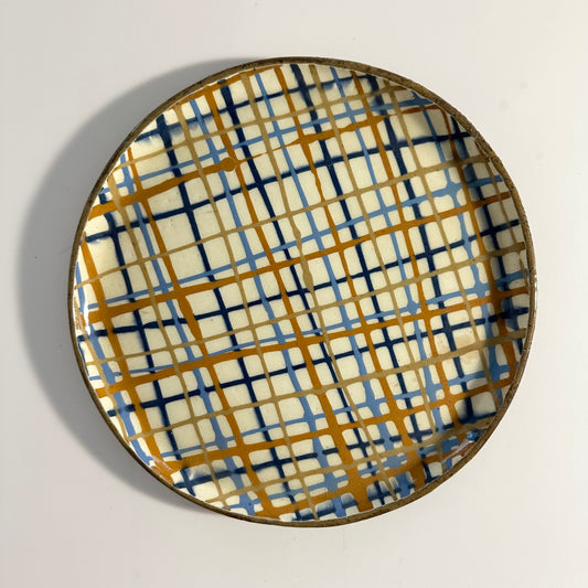 Vintage Handcrafted Clay Plaid Glazed Plates, Pair