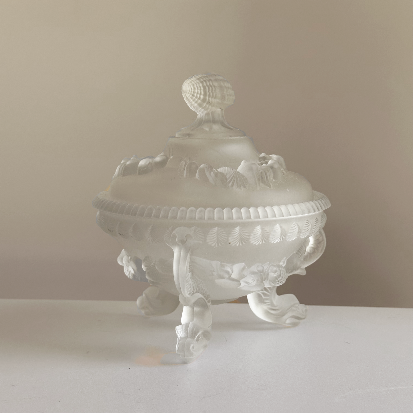 Vintage Frosted Glass Lidded Dish with Shell Details