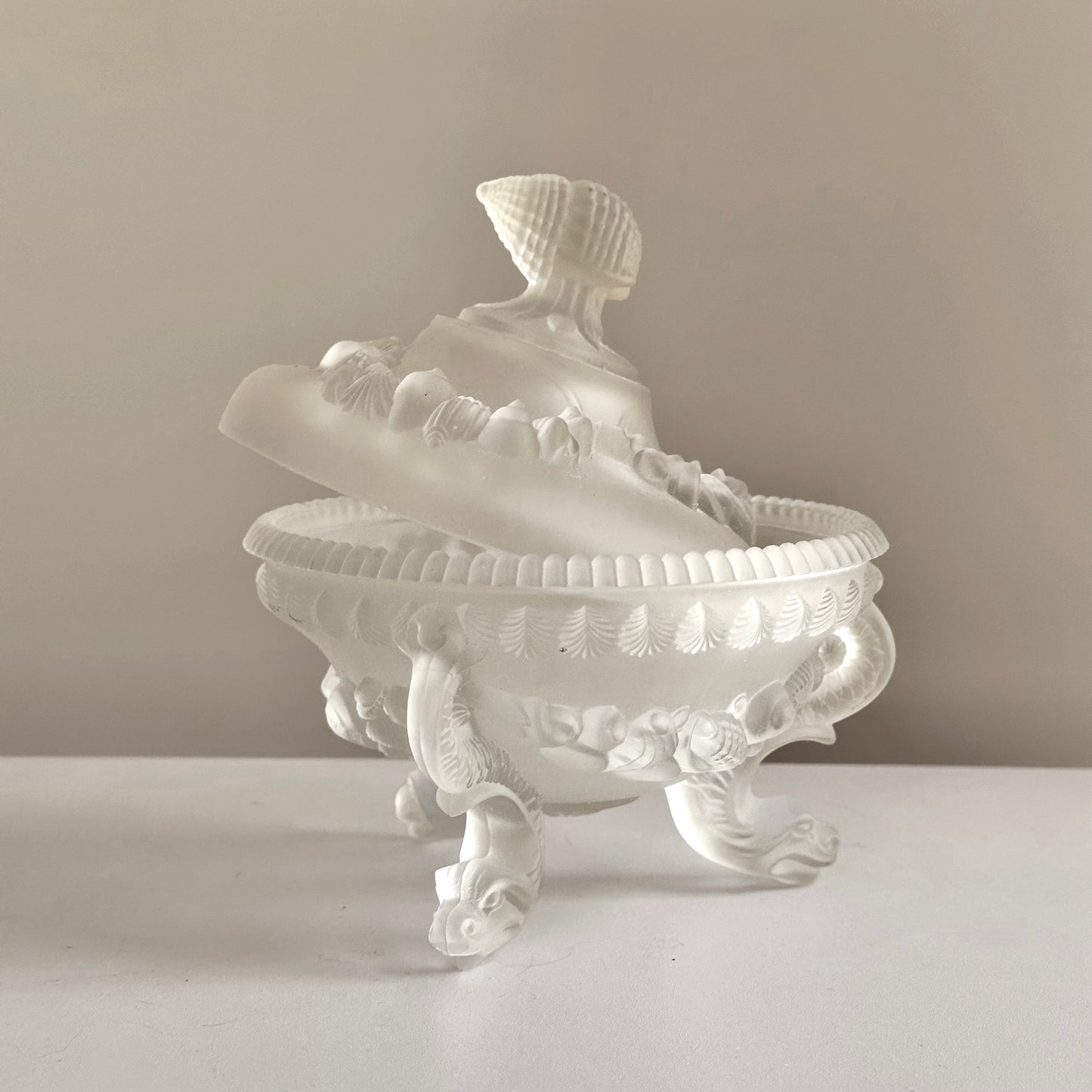 Vintage Frosted Glass Lidded Dish with Shell Details
