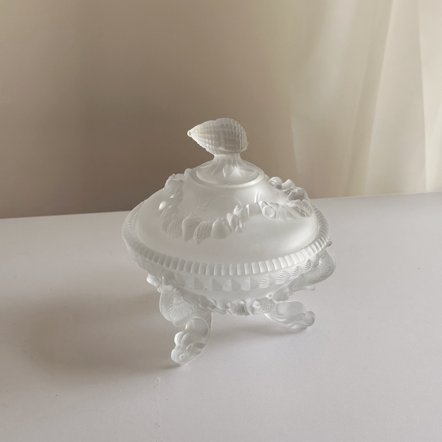 Vintage Frosted Glass Lidded Dish with Shell Details