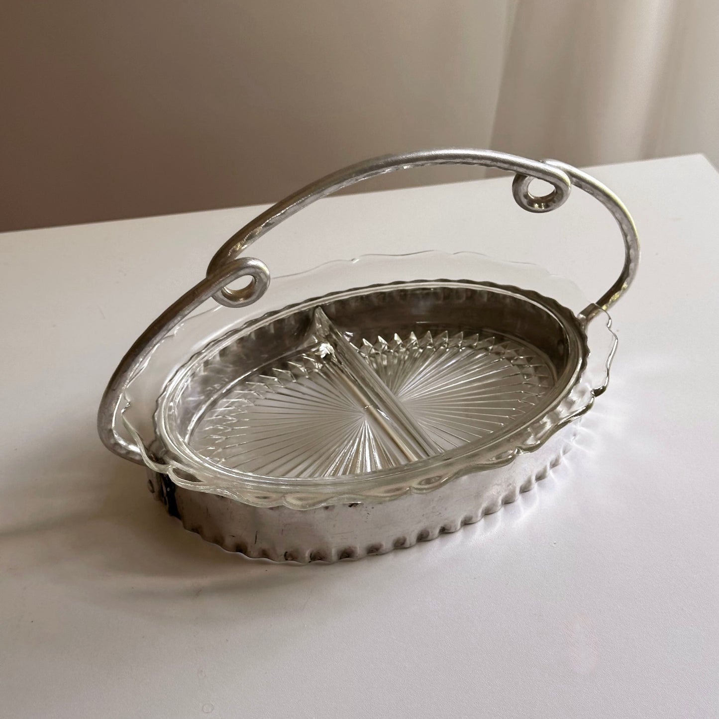 Vintage Aluminum Looped Handle Dish with Glass Insert