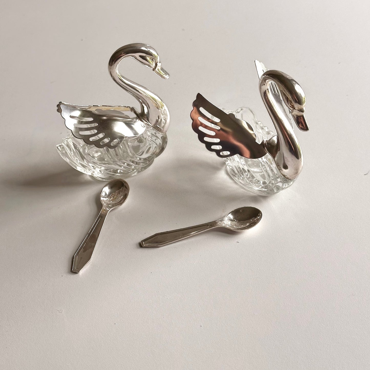 Vintage Silver-Plated Swan Condiment Dish with Spoon