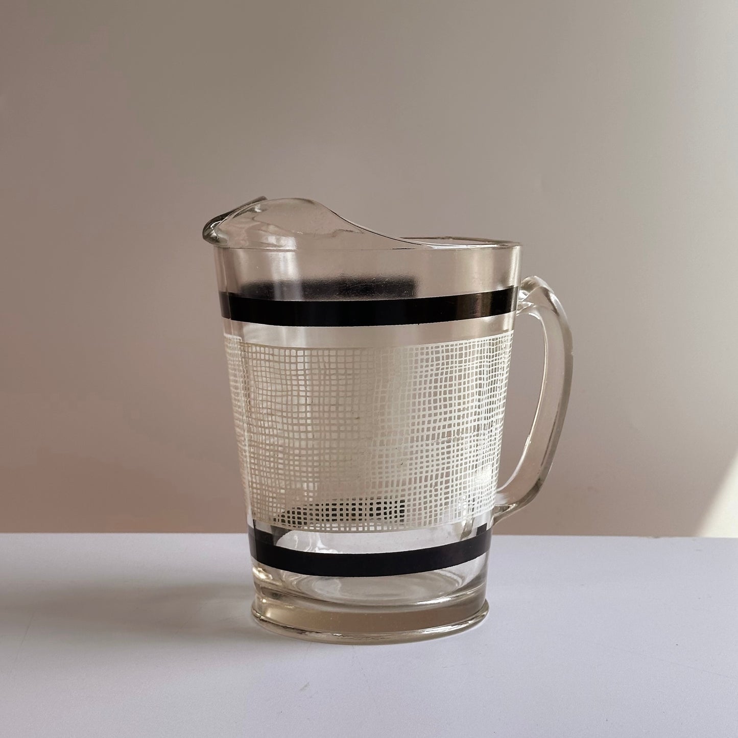 Vintage Black and White Crosshatch Glass Pitcher