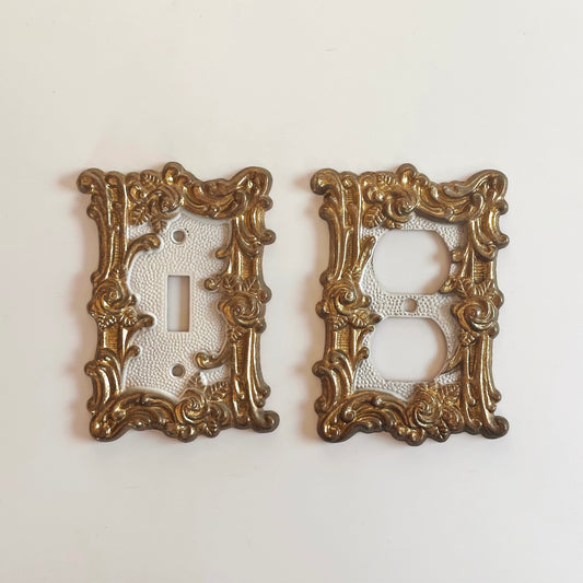 Vintage Ornate Cast Metal Gold Switchplates, Pair