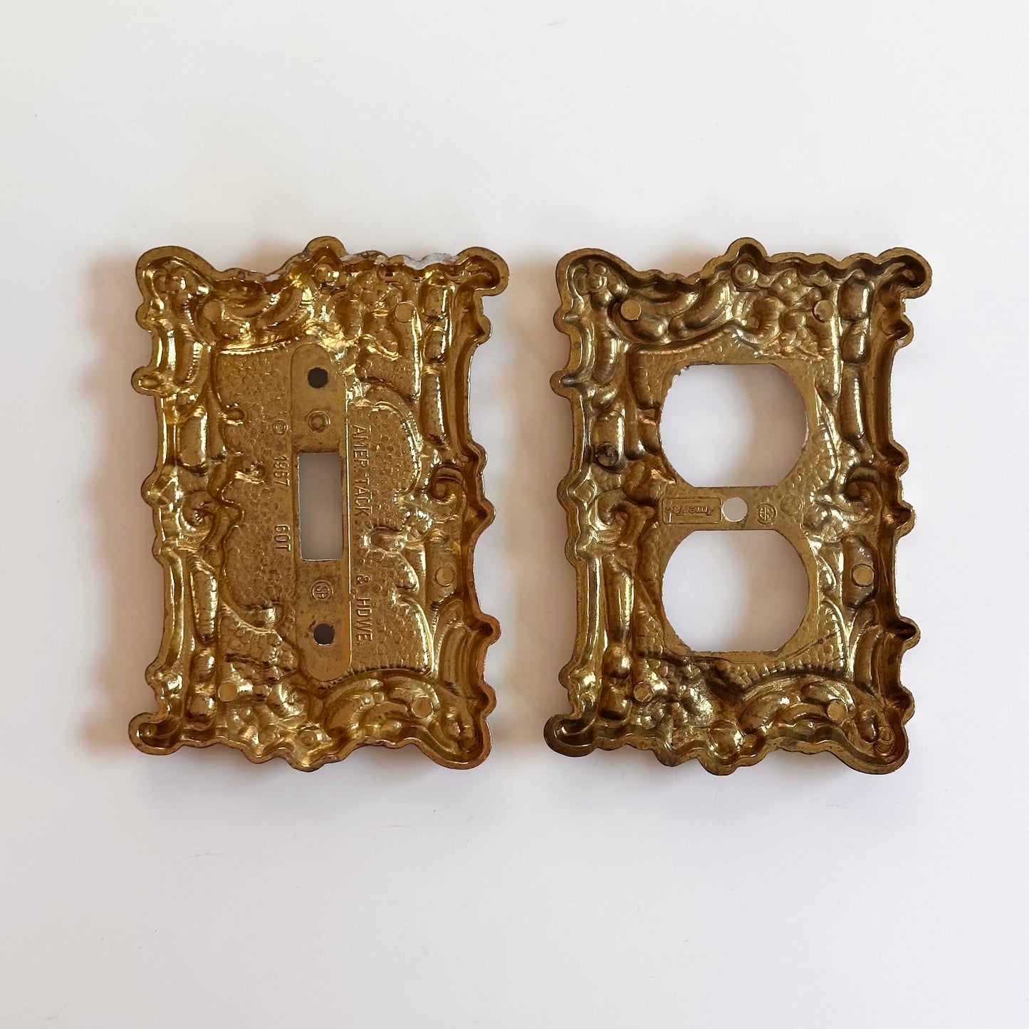 Vintage Ornate Cast Metal Gold Switchplates, Pair