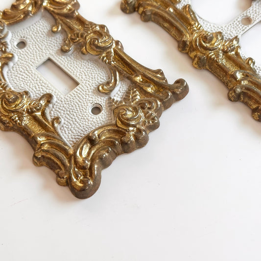 Vintage Ornate Cast Metal Gold Switchplates, Pair