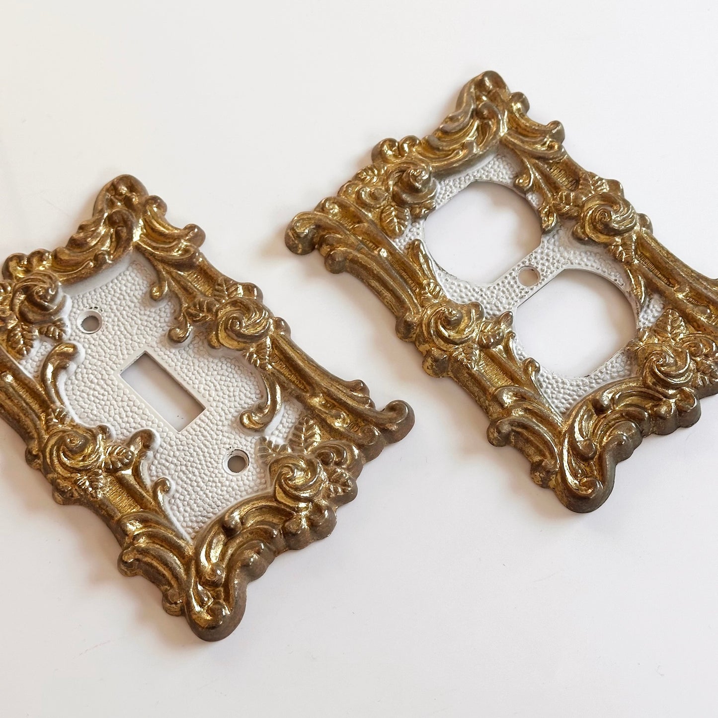 Vintage Ornate Cast Metal Gold Switchplates, Pair