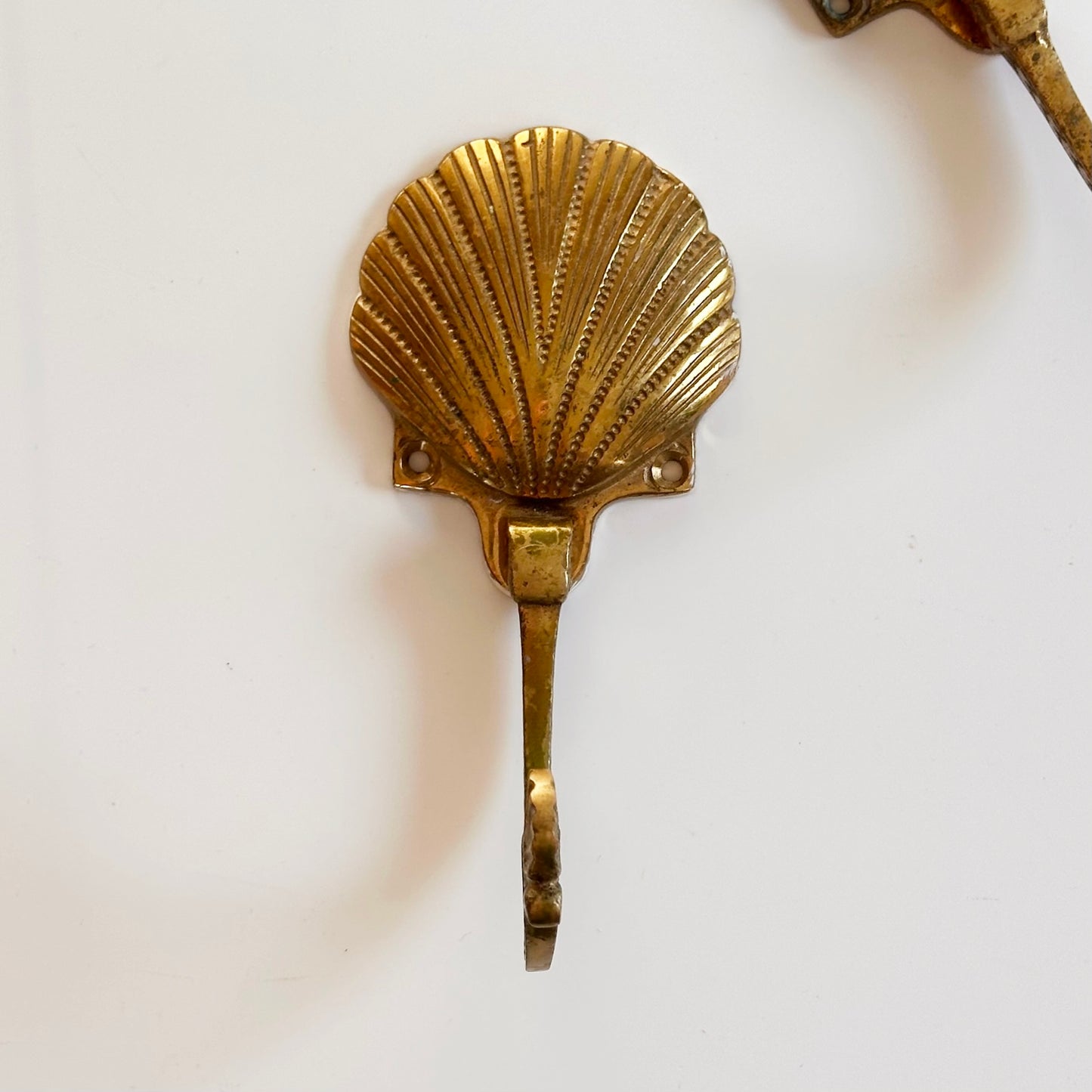 Vintage Brass Shell Coat Hooks, Pair