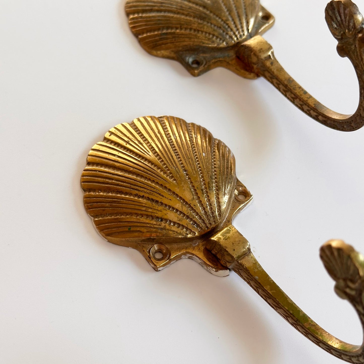 Vintage Brass Shell Coat Hooks, Pair