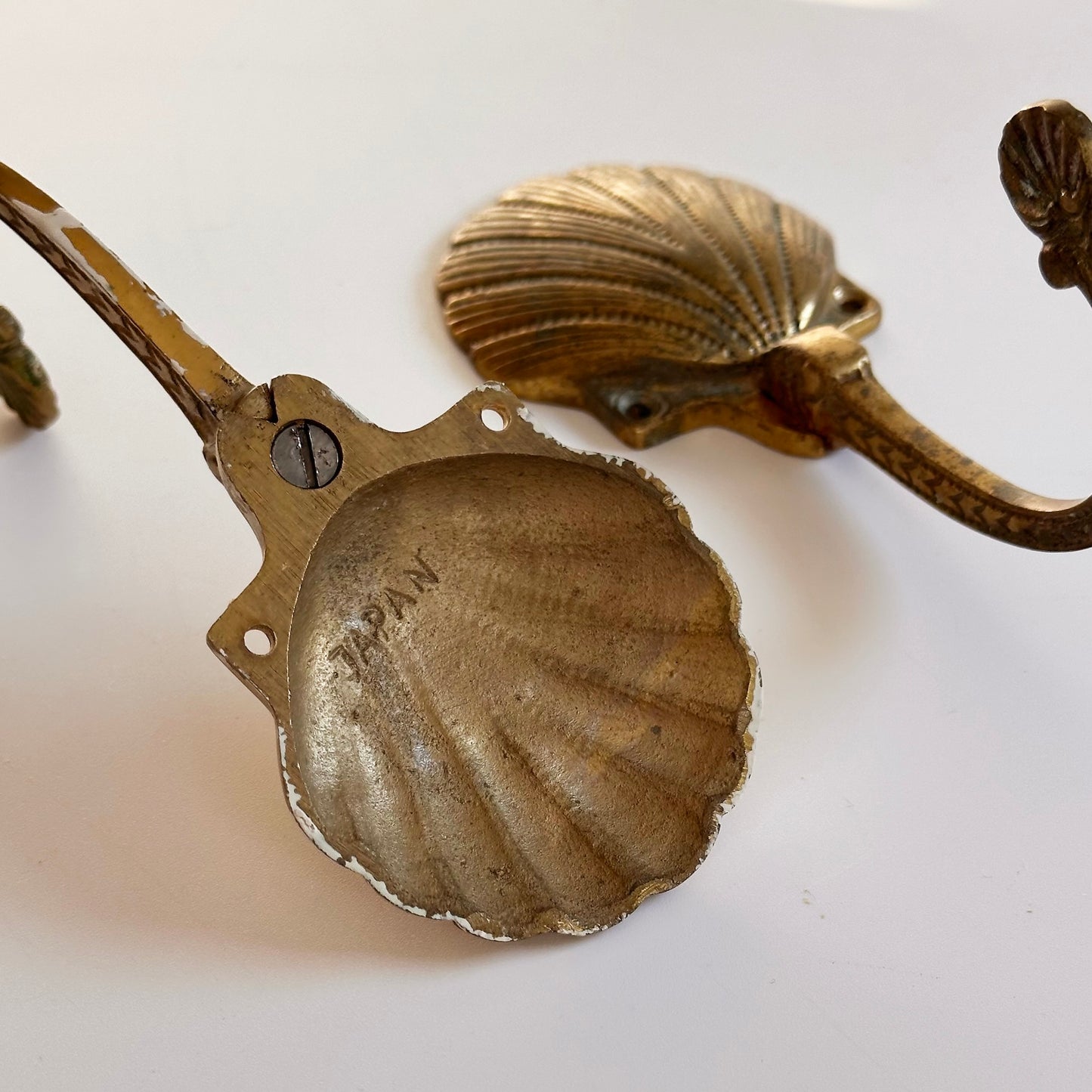 Vintage Brass Shell Coat Hooks, Pair