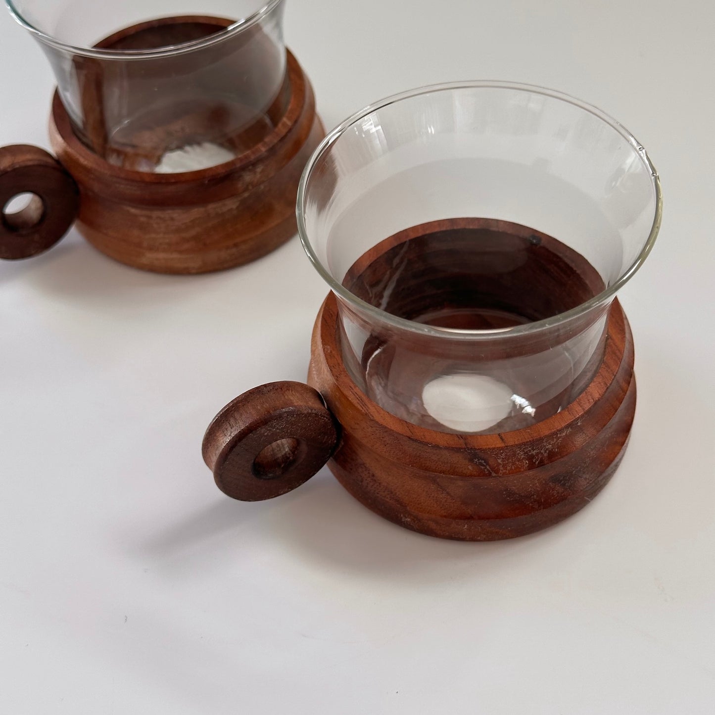 Vintage Wood Mugs with Looped Handle and Glass Insert, Set of Four