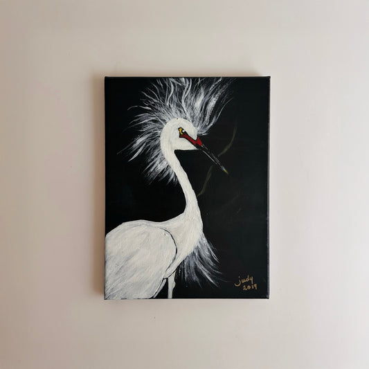 Original Egret Painting on Canvas, Signed