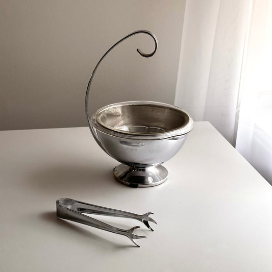 Vintage Chrome Ice Bowl with Tongs