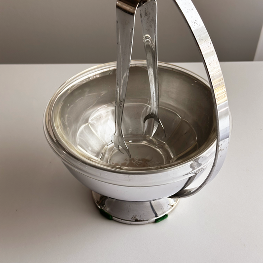 Vintage Chrome Ice Bowl with Tongs
