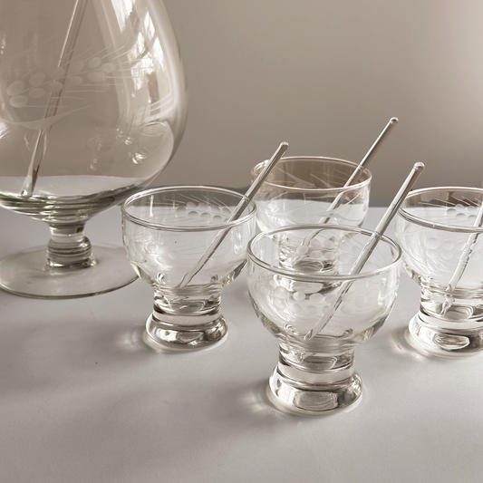 Vintage Etched Cocktail Set with Swizzle Sticks