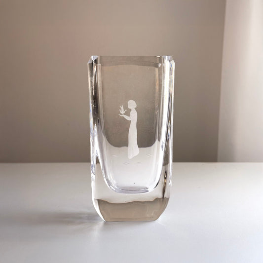 Vintage Signed Crystal Vase with Figure Detail