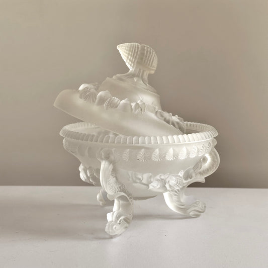 Vintage Frosted Glass Lidded Dish with Shell Details