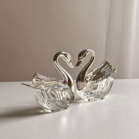 Vintage Silver-Plated Swan Condiment Dish with Spoon