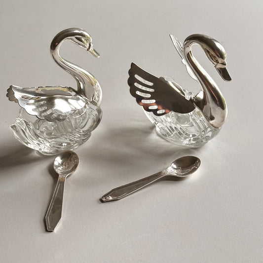 Vintage Silver-Plated Swan Condiment Dish with Spoon