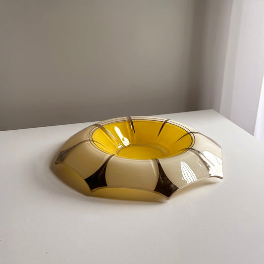 Vintage Silver and Yellow Glass Shallow Bowl