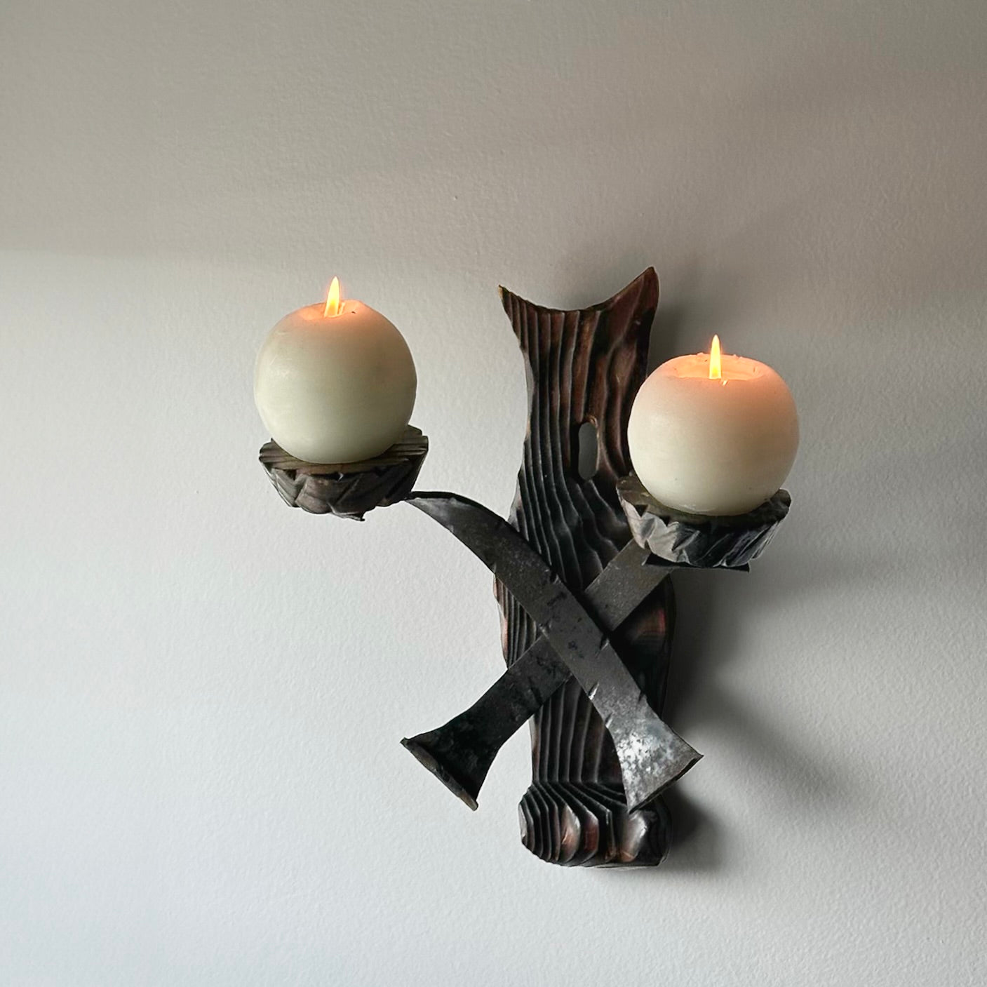 Vintage Brutalist Iron and Wood Sconce