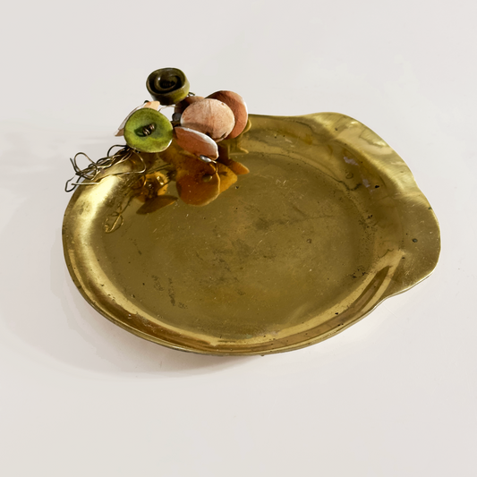 Handcrafted Vintage Brass Catchall with Clay Details, Signed