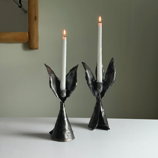 Handforged Metal Abstract Candleholders, Pair