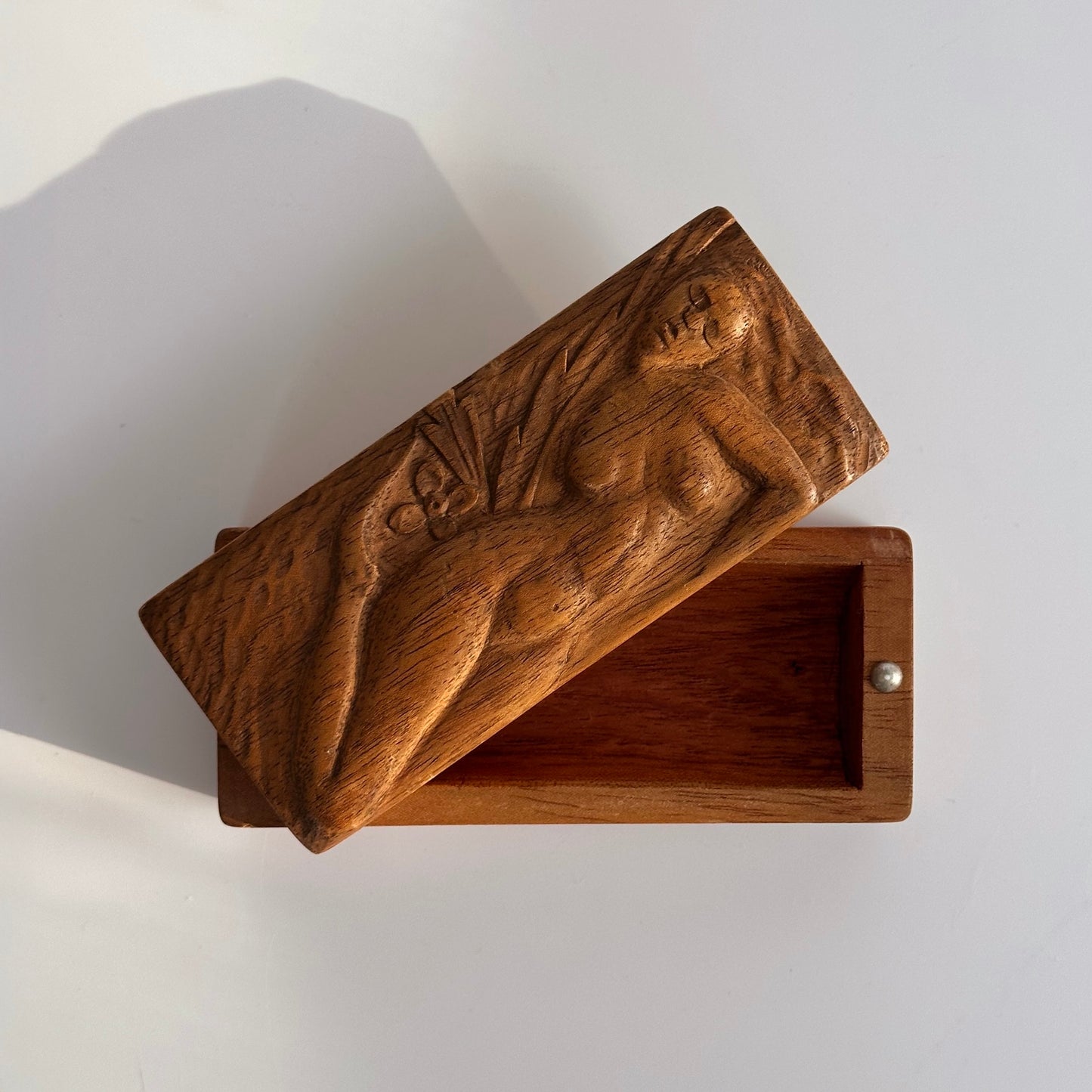 Handcarved Figural Wood Box with Swivel Lid