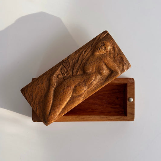 Handcarved Figural Wood Box with Swivel Lid