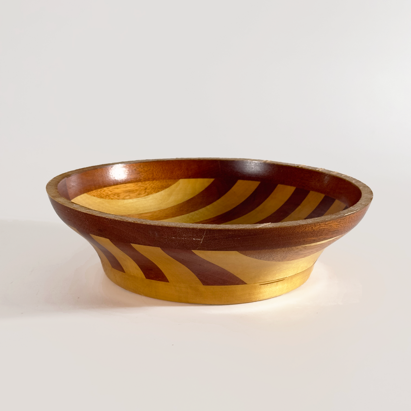 Vintage Handcrafted Striped Wood Bowl, Signed