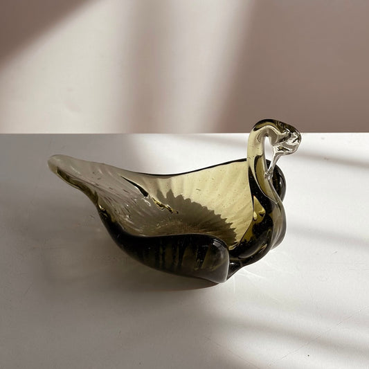 Vintage Smoky Glass Swan Catchall Dish