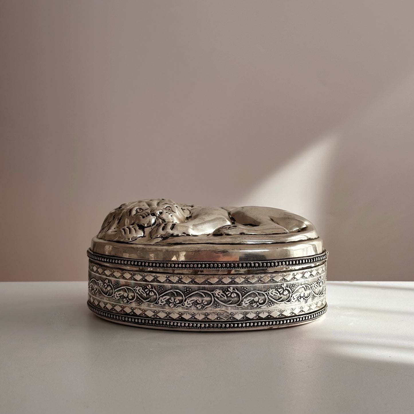 Antique Silverplated Sculptural Sleeping Lion Box