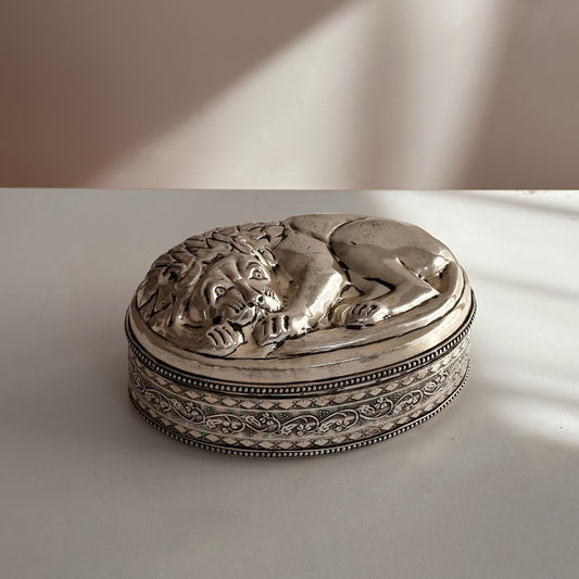 Antique Silverplated Sculptural Sleeping Lion Box