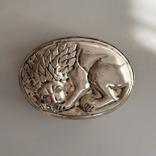 Antique Silverplated Sculptural Sleeping Lion Box