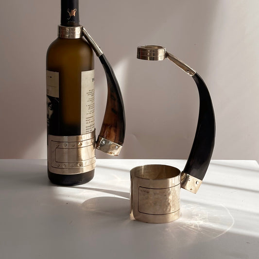 Vintage Artisan-crafted Horn and Alpaca Silver Wine Bottle Holder