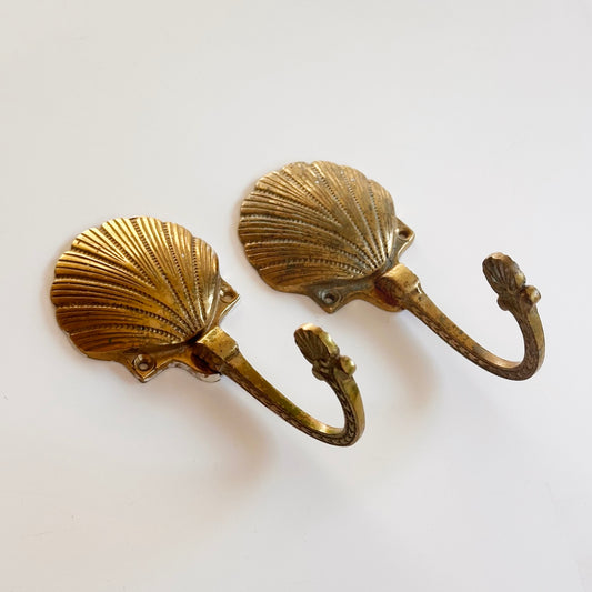 Vintage Brass Shell Coat Hooks, Pair