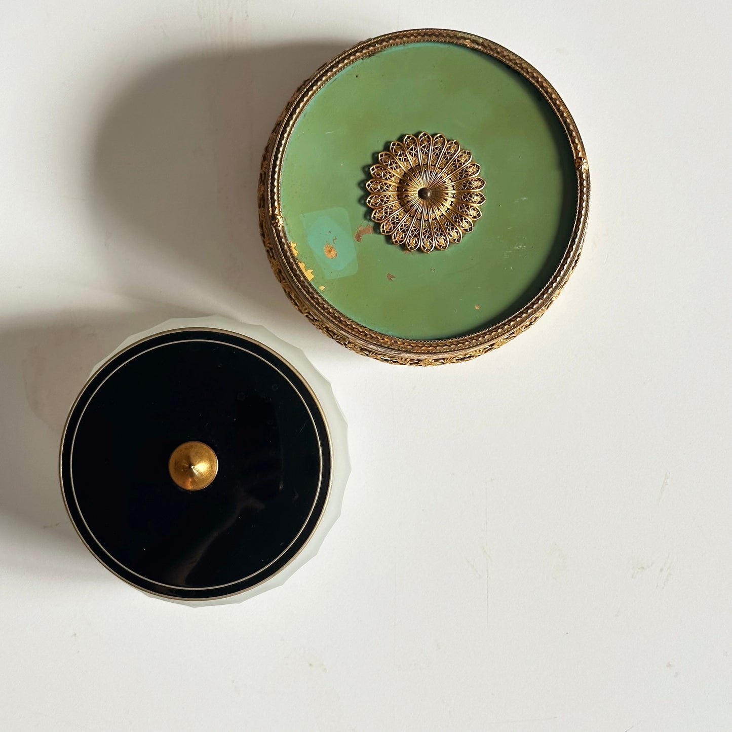 Vintage Frosted Glass Powder Box with Black Lid
