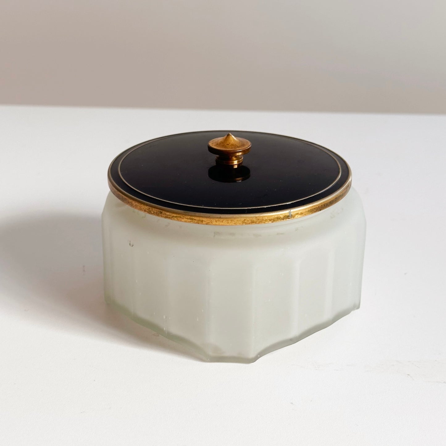Vintage Frosted Glass Powder Box with Black Lid