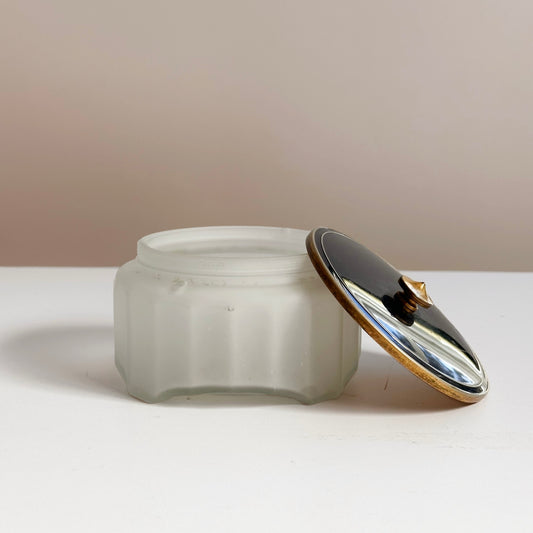 Vintage Frosted Glass Powder Box with Black Lid