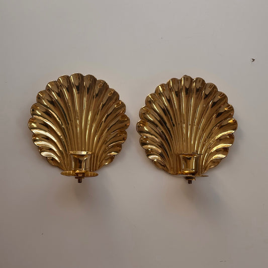 Vintage Brass Shell Wall Candle Sconces, Pair