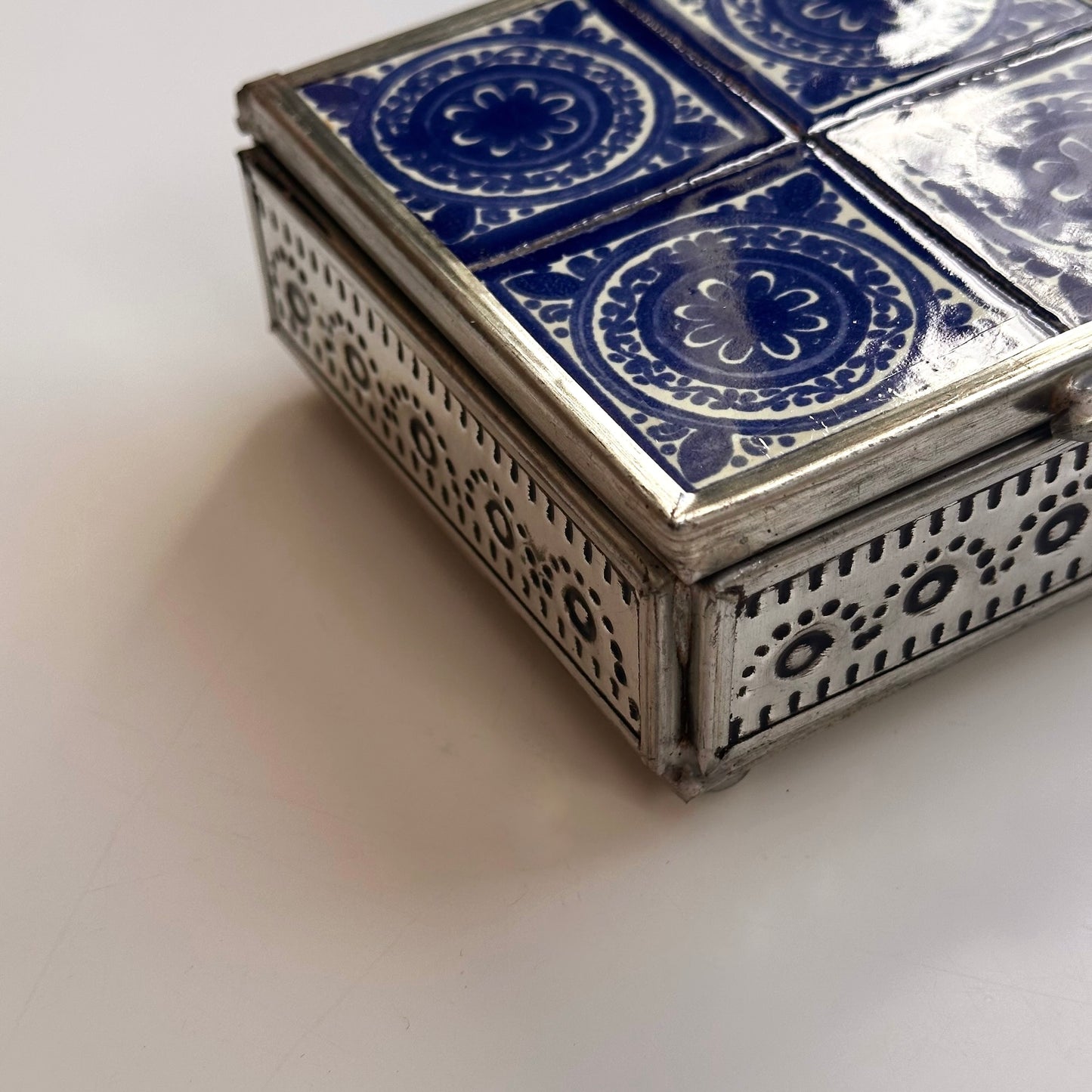 Handcrafted Punched Tin and Tile Stash Box, Made in Mexico