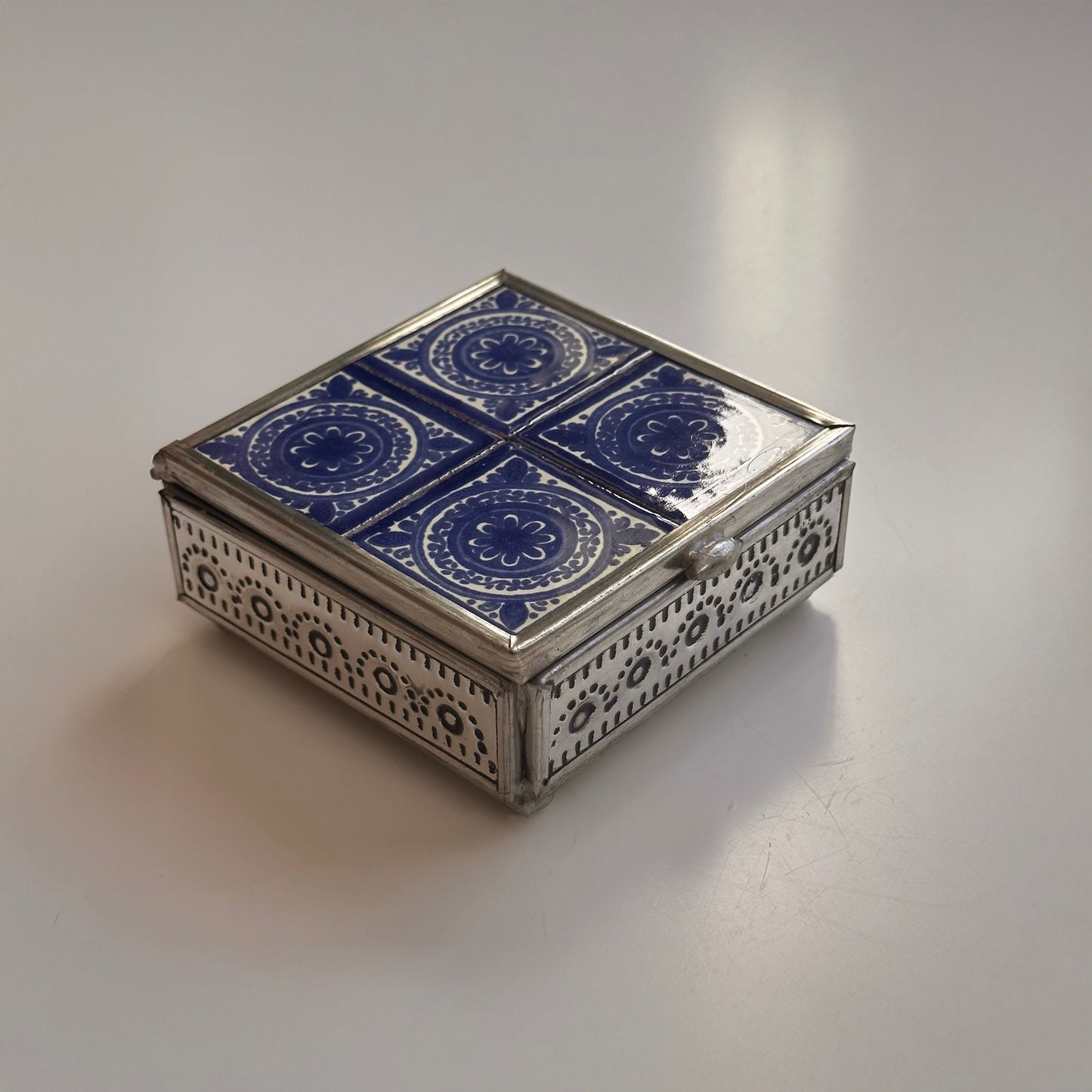 Handcrafted Punched Tin and Tile Stash Box, Made in Mexico