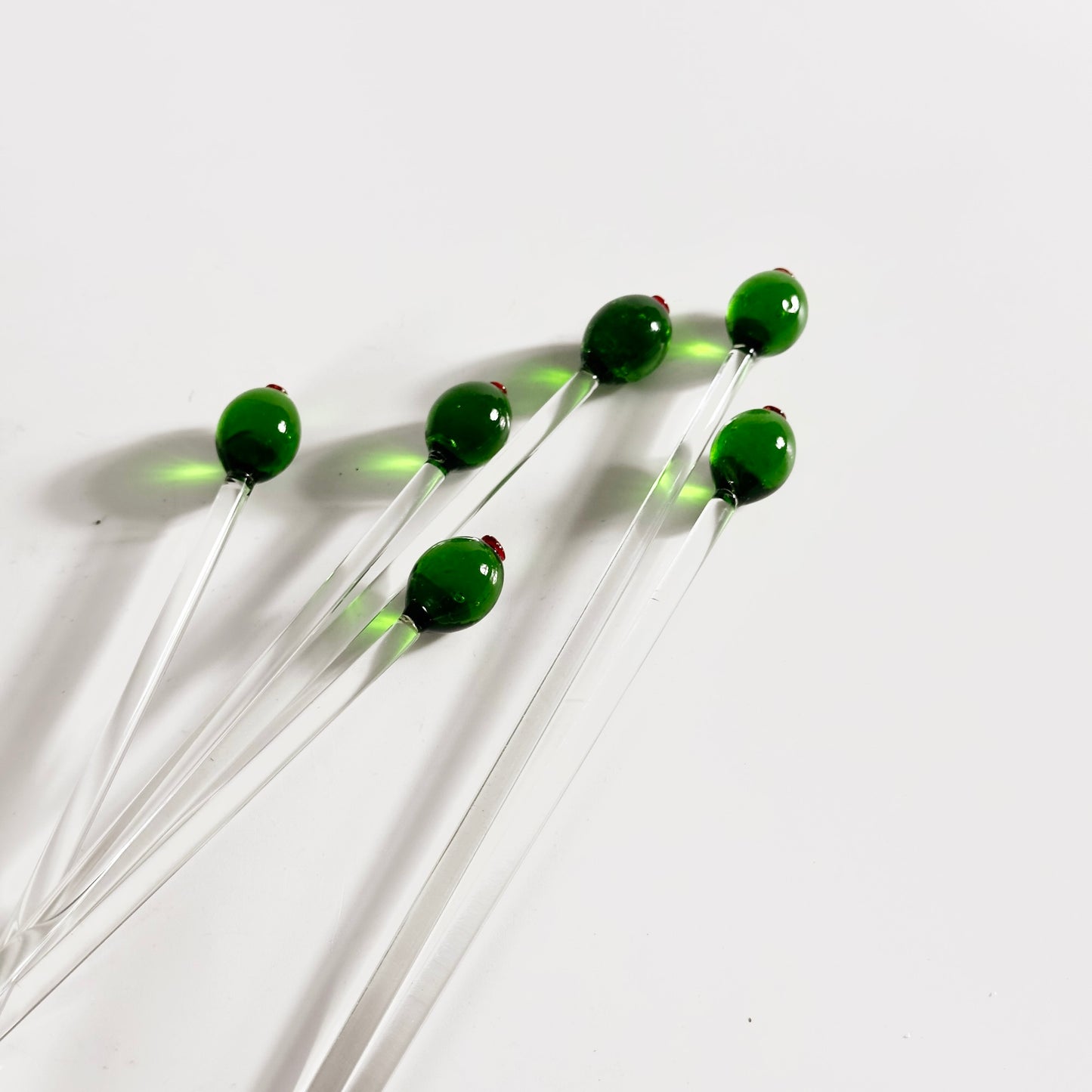 Handblown Glass Green Olive Swizzle Sticks, Set of Six