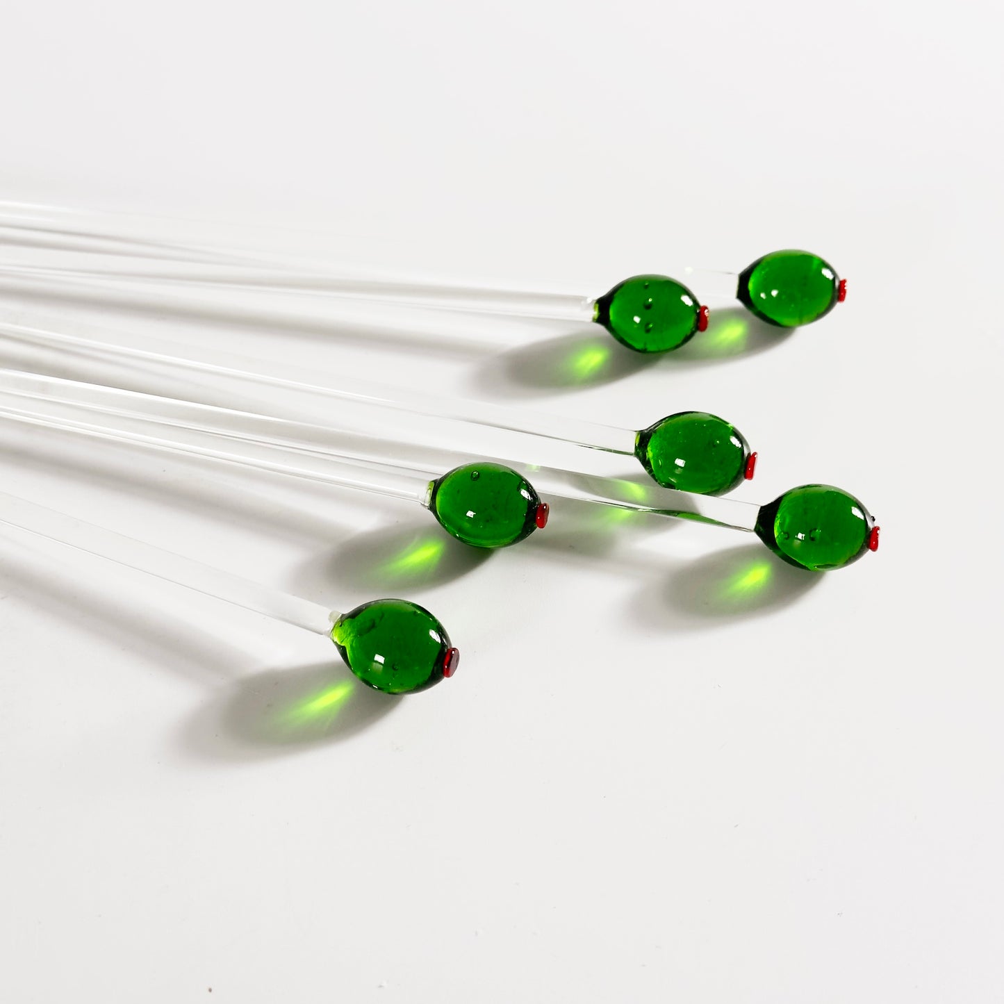 Handblown Glass Green Olive Swizzle Sticks, Set of Six