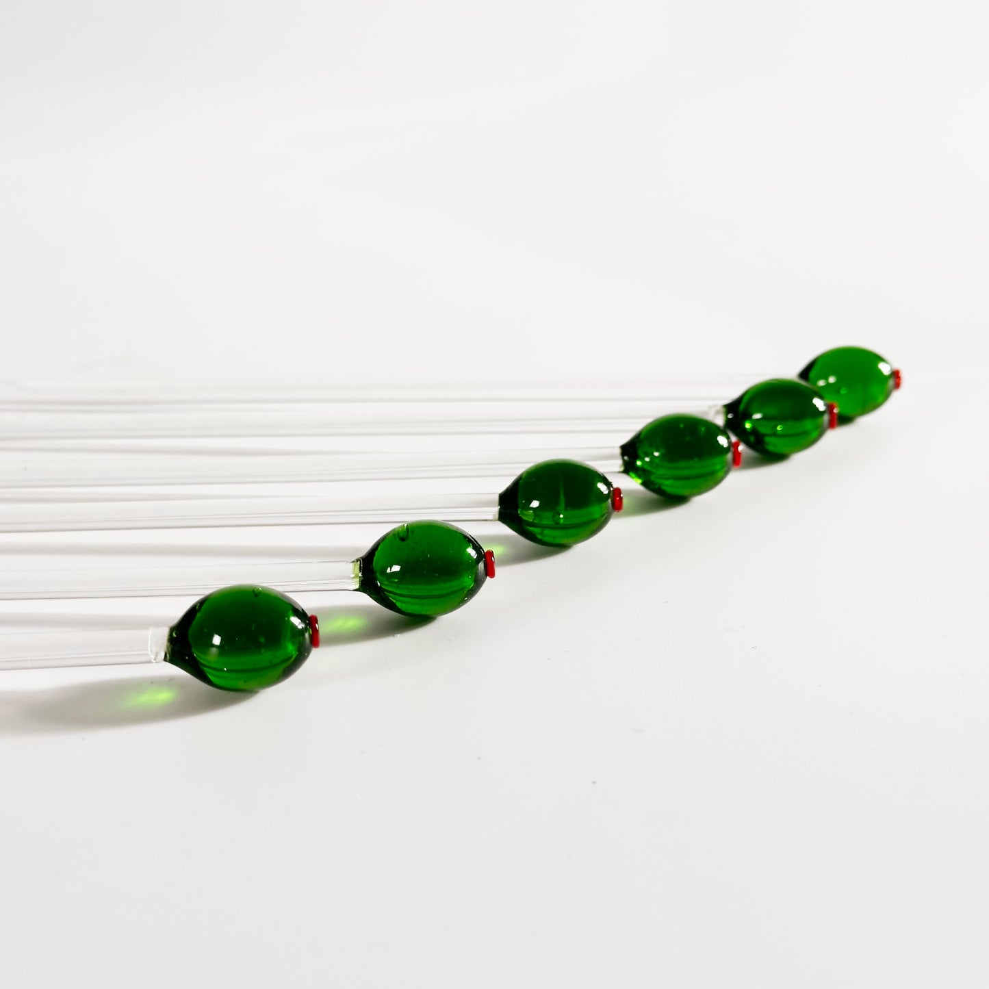 Handblown Glass Green Olive Swizzle Sticks, Set of Six