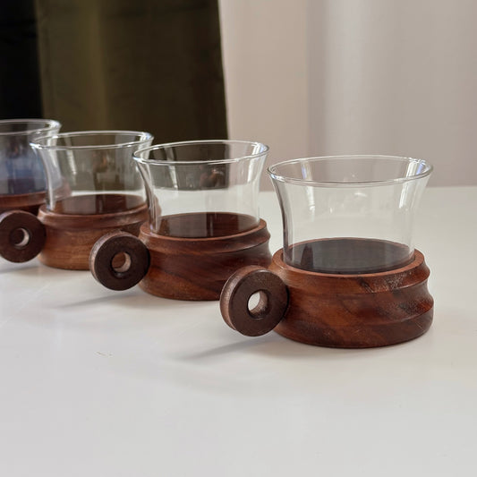Vintage Wood Mugs with Looped Handle and Glass Insert, Set of Four
