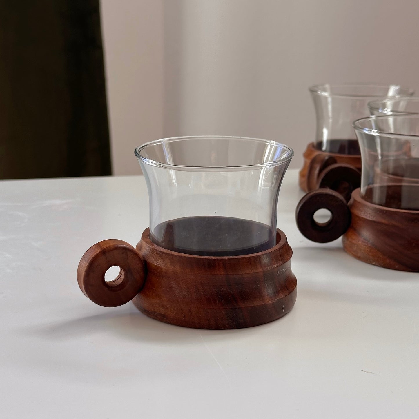 Vintage Wood Mugs with Looped Handle and Glass Insert, Set of Four
